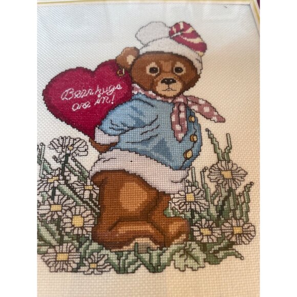 Teddy Bear Hugs Are In Cross-Stitch Art In Wood Frame Glass 11x11 - Picture 5 of 7